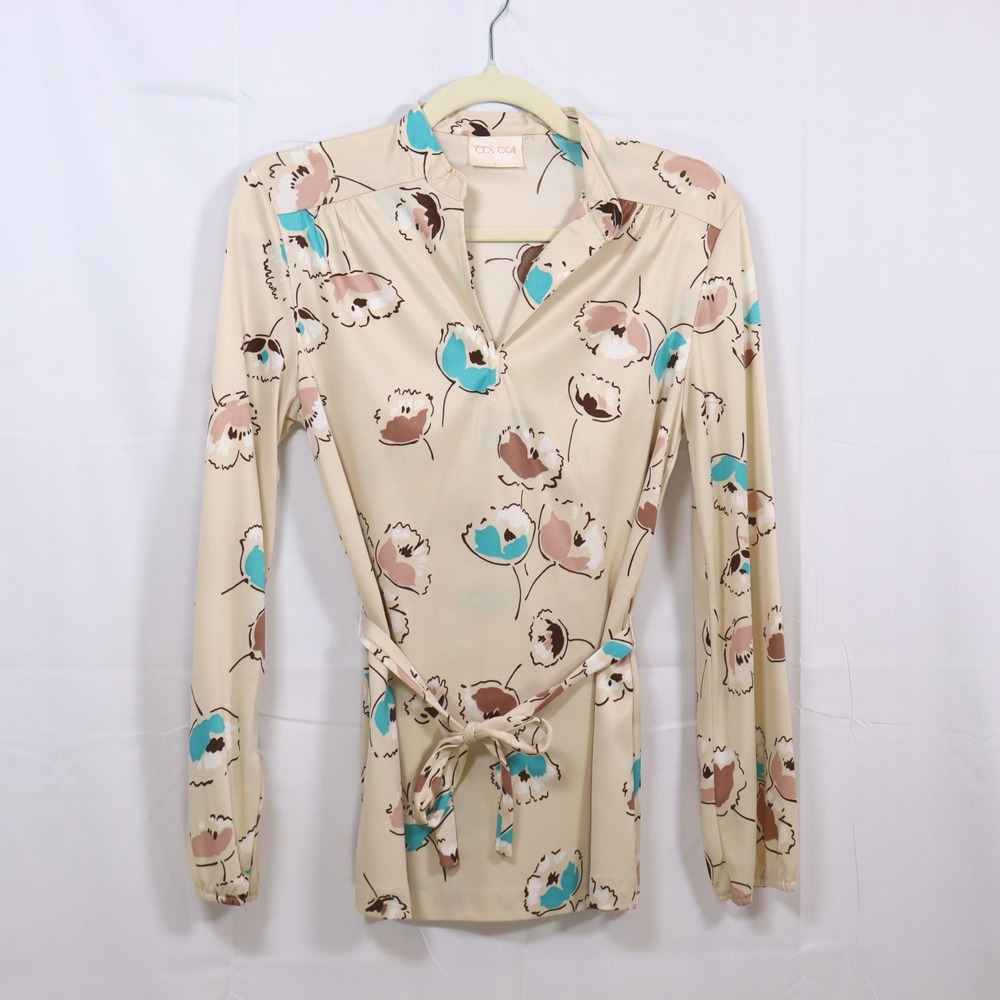 Cos Cob Blouse S‎ Tan Womens Floral V-Neck Belted Vintage Top